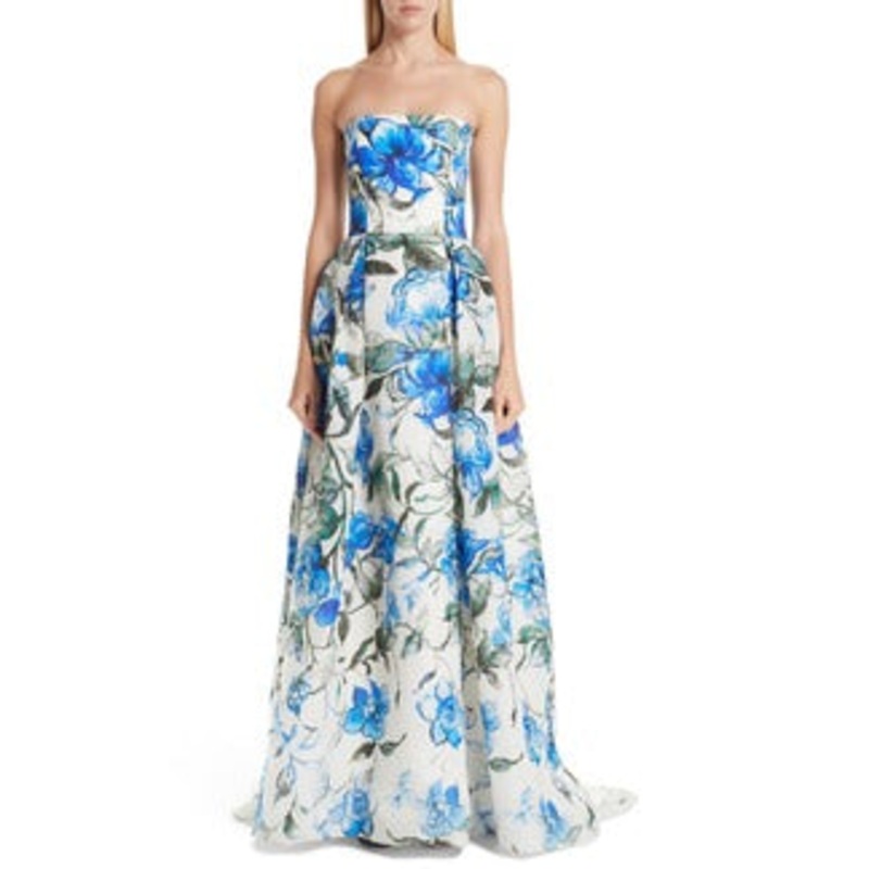Carolina Herrera Floral Printed Silk Gazar Panel – Blue / White Fabric by the Panel