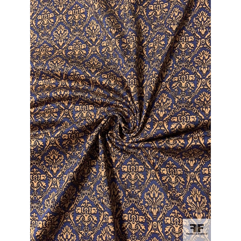 Damask Printed Stretch Cotton Twill – Royal / Tan Fabric by the Yard