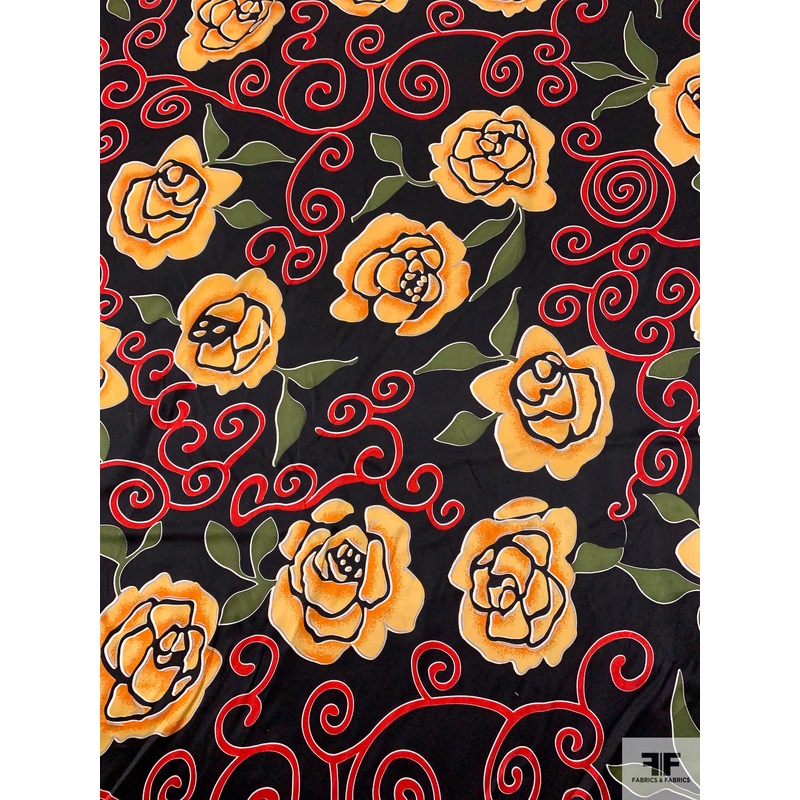 Floral and Swirl Vine Printed Silk Charmeuse – Black / Army Green / Mustard Fabric by the Yard