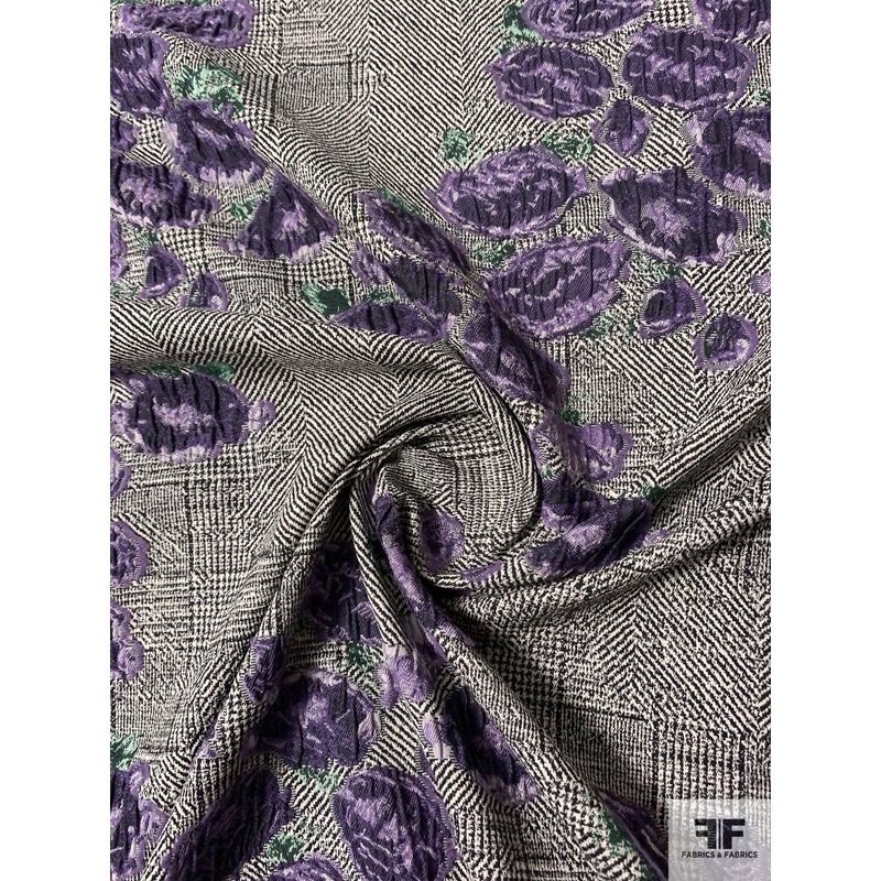 Floral Textured Glen Plaid-Like Stretch Brocade – Purple / Evergreen / Black / Off-White Fabric by the Yard