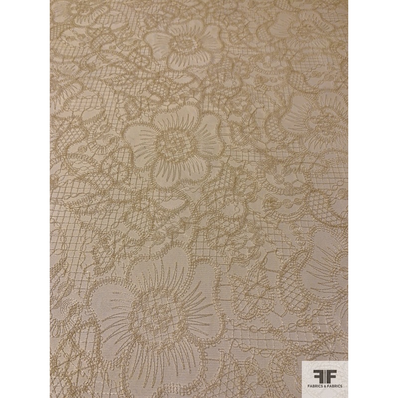 Italian Floral Grid Fine Stitch Embroidered Tulle – Antique Gold Fabric by the Yard