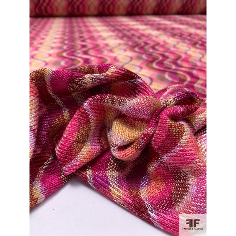 Italian Hypnotic Wavy Lines Knit – Dark Fuchsia / Coral / Yellow / Dark Red Fabric by the Yard
