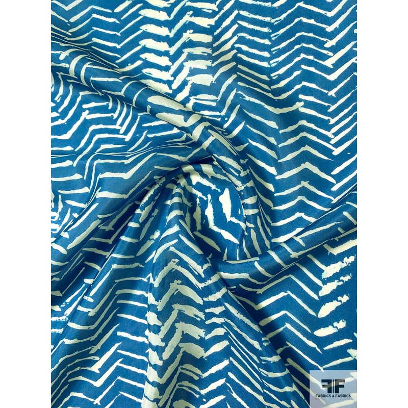 Painterly Broken Chevron Printed Silk Habotai – Ocean Blue / Off-White Fabric by the Yard