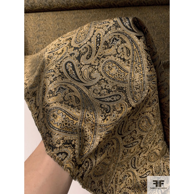 Paisley Silk Necktie Jacquard Brocade – Antique Gold / Black Fabric by the Yard