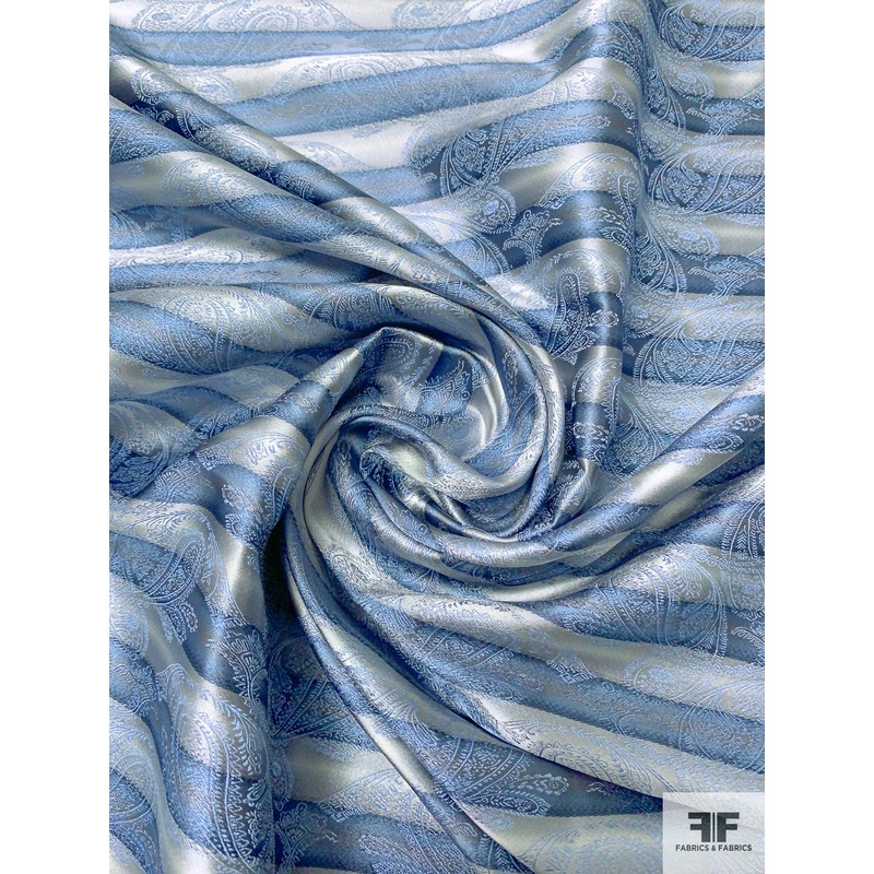 Paisley Striped Silk Necktie Jacquard Brocade – Shades of Blue / Grey Fabric by the Yard