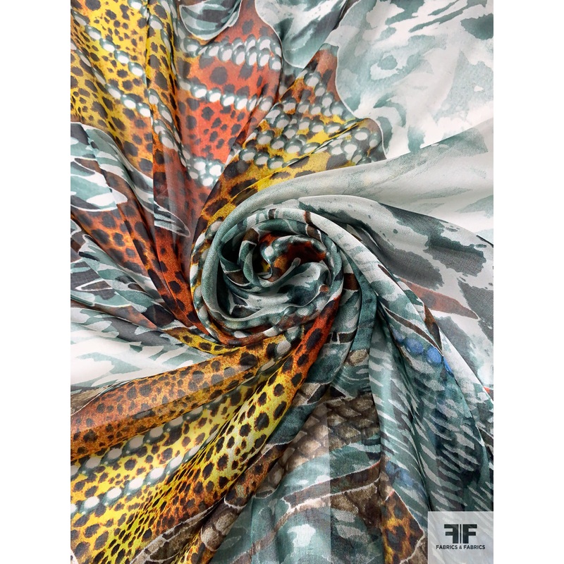 Pearly Strings Animal Collage Printed Silk Chiffon – Dusty Teal / Orange / Yellow Fabric by the Yard