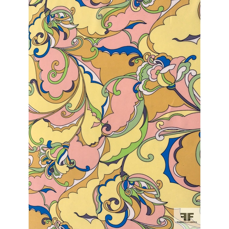 Pucci-esque Paisley-Like Printed Silk Crepe de Chine – Yellows / Blush / Teal / Greens Fabric by the Yard