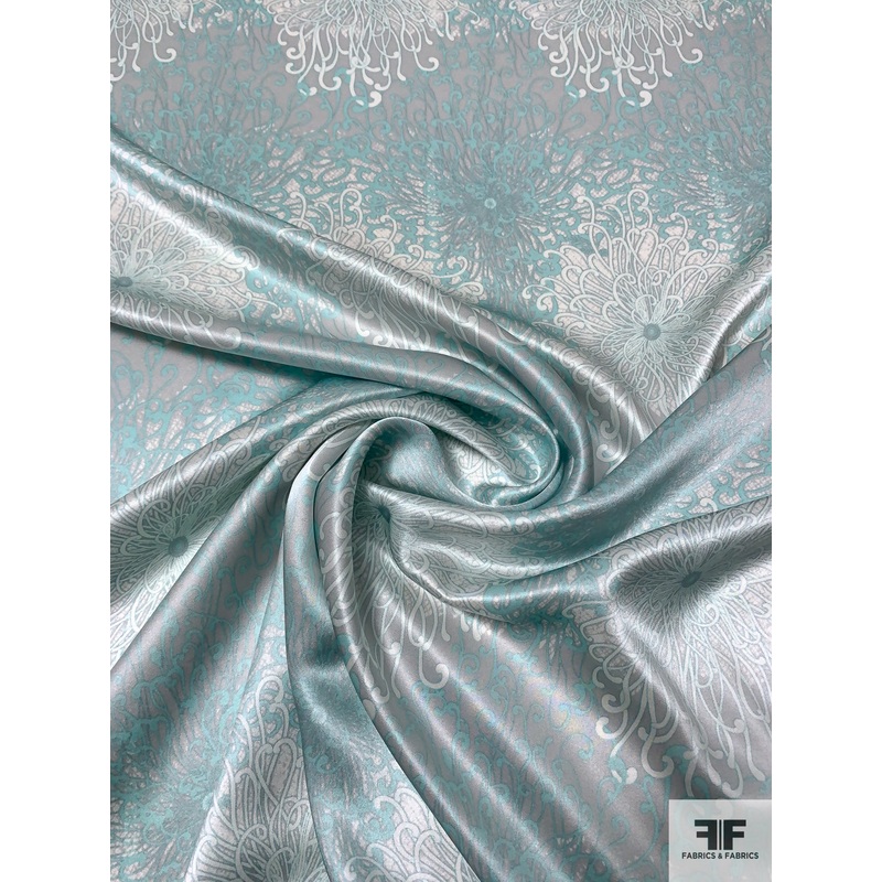 Tentacle Landscape Printed Silk Charmeuse – Seafoam / Grey / Off-White Fabric by the Yard