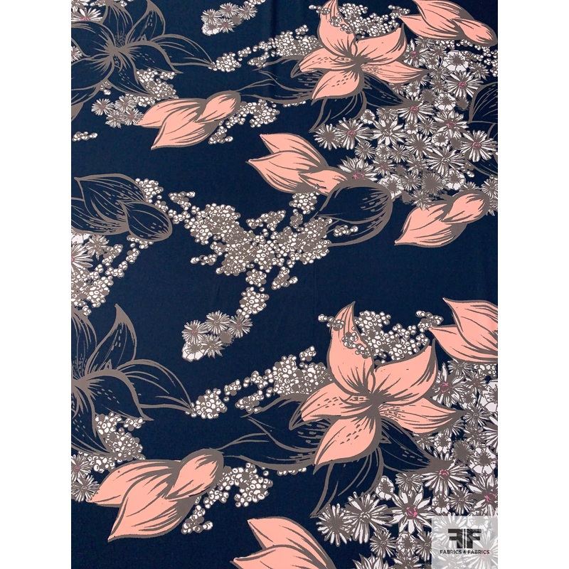 Trailing Floral Printed Polyester Crepe Georgette – Smokey Navy / Blush Pink / Taupe Fabric by the Yard