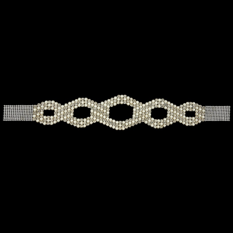 Vintage Czech Crystal Rhinestone and White Faux Pearl Ovals Belt Applique – 2.25″ x 10.25″