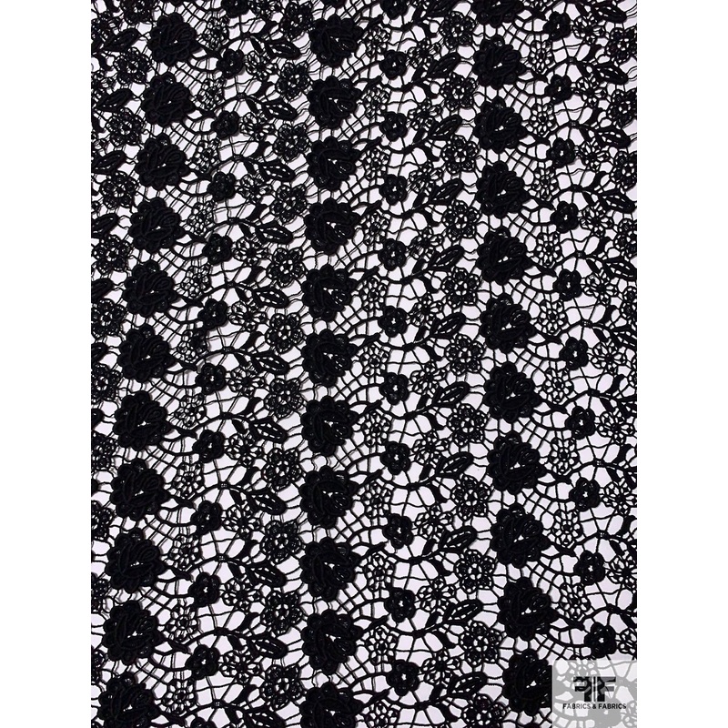 Double-Scalloped Floral Guipure Lace – Black Fabric by the Yard