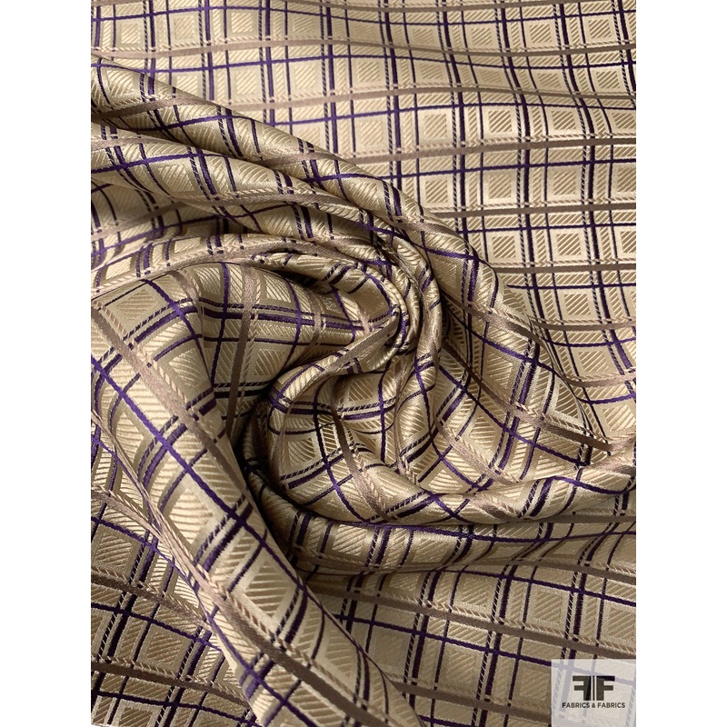 Fine Plaid Silk Necktie Jacquard Brocade – Tan / Purple Fabric by the Yard