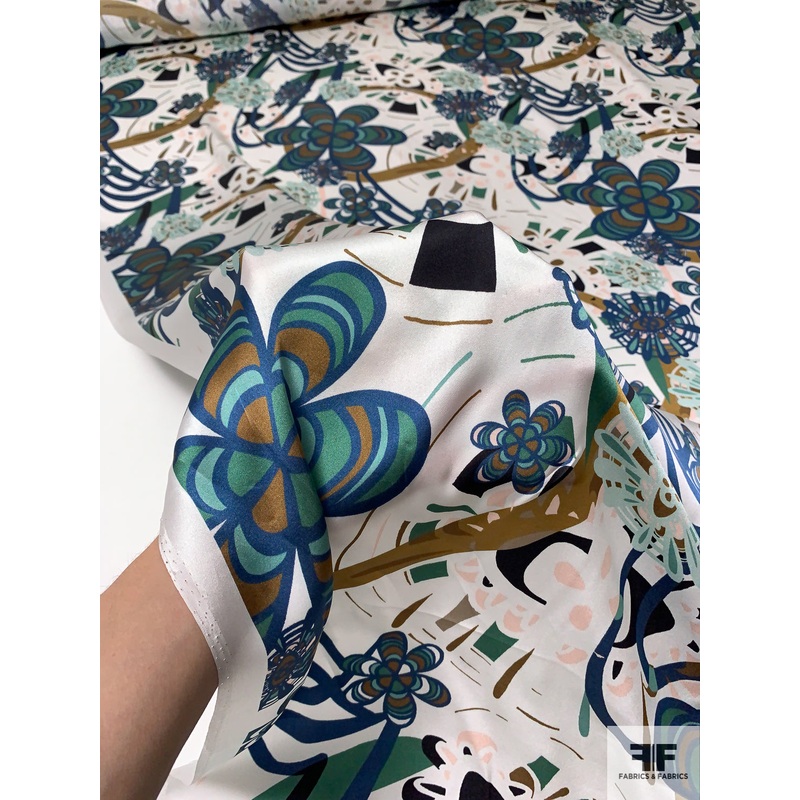 Groovy Flowers and Rings Printed Silk Charmeuse – Navy Blue / Sea Greens / Antique Gold Fabric by the Yard