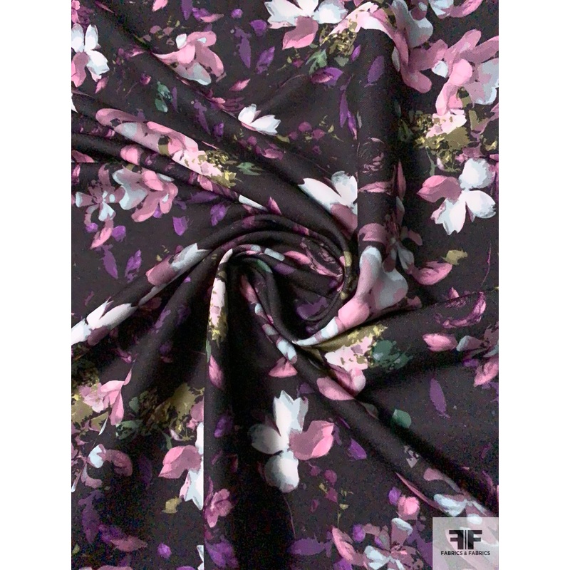 Lovers Floral Printed Stretch Cotton Twill – Orchid / Black / Shades of Grey Fabric by the Yard