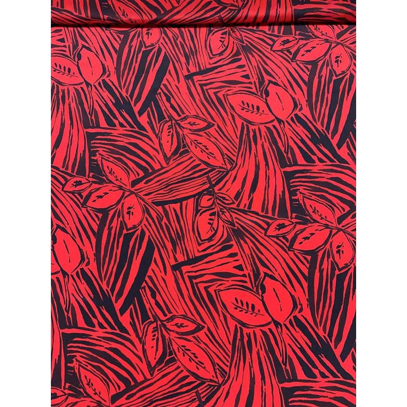 One-Sided Border Pattern Tropical Leaf Printed Silk Crepe de Chine – Red / Black Fabric by the Yard
