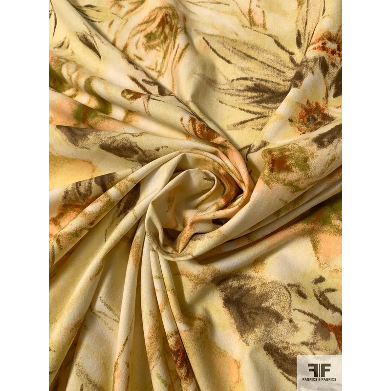 Pastel Floral Brushed Stretch Cotton Sateen – Light Green / Olive / Brick Fabric by the Yard