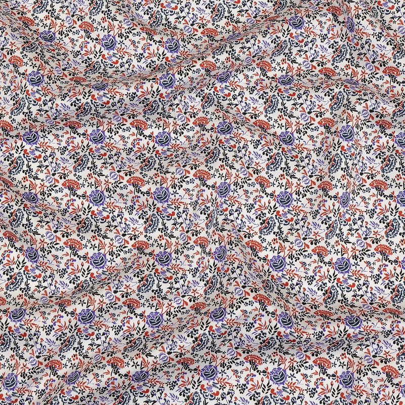 Tomato Puree, Country Blue and Ensign Blue Floral Cotton Sateen