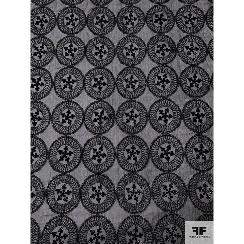 Circle Medallion Embroidered Crinkled Silk Chiffon – Black Fabric by the Yard