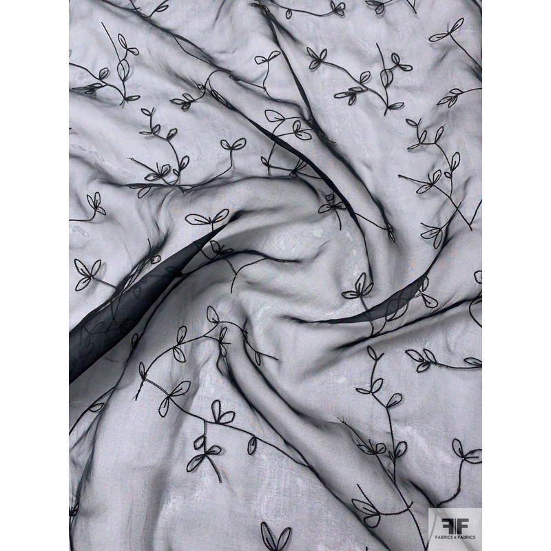 Dainty Leaf Stems Embroidered Silk Organza – Soft Black Fabric by the Yard