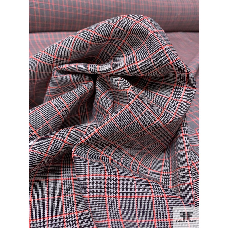 Glen Plaid Grid Suiting – Neon Coral / Black / White Fabric by the Yard
