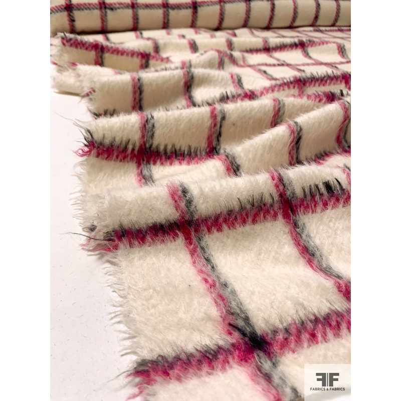 Italian Windowpane Plaid Jacket Weight Alpaca-Mohair Suiting – Ivory / Magenta / Black Fabric by the Yard