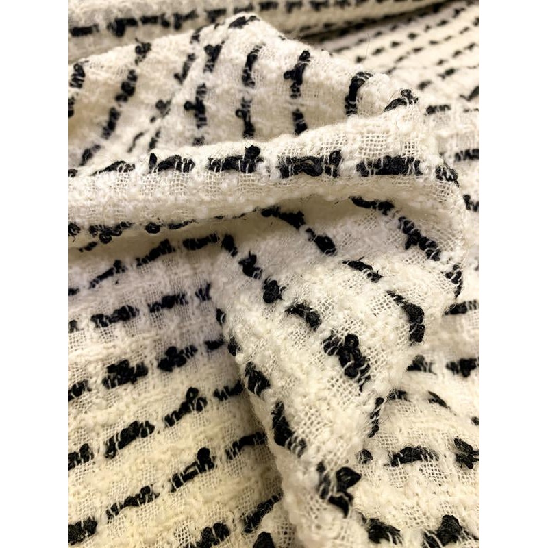 Made in England Loosely Woven Striped Wool Boucle Tweed – Ivory / Soft Black Fabric by the Yard