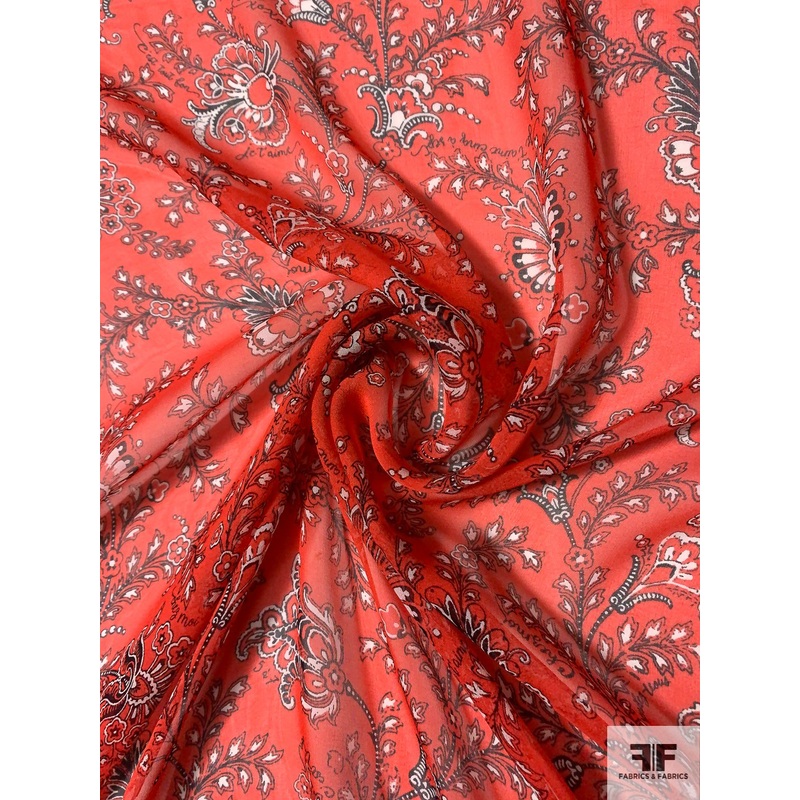Ornate Floral with French Script Printed Silk Chiffon – Watermelon Red / Black / White Fabric by the Yard