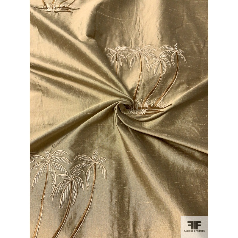 Palm Tree Embroidered Silk Shantung Taffeta – Antique Brass Fabric by the Yard