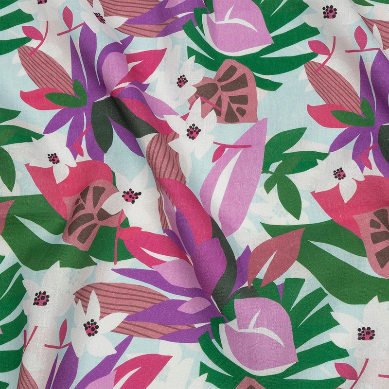 Pink, Green and Aqua Animated Tropics Medium Weight Linen Woven