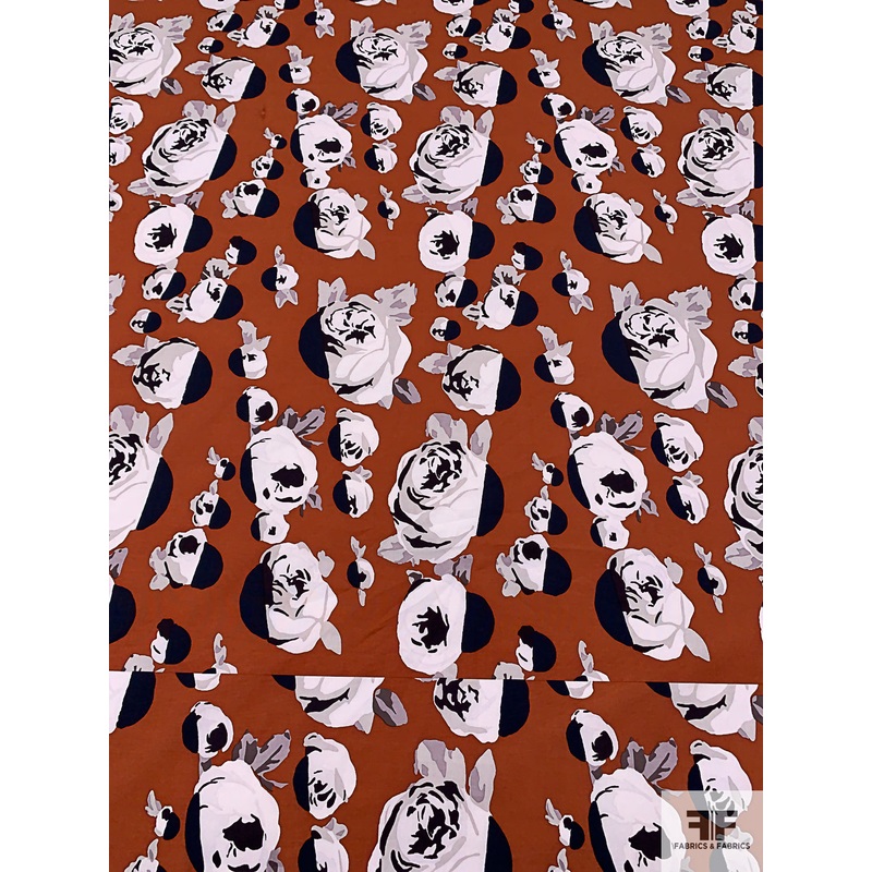 Triangulated Floral Printed Stretch Cotton Poplin – Brick Orange / Navy / Light Greys Fabric by the Yard
