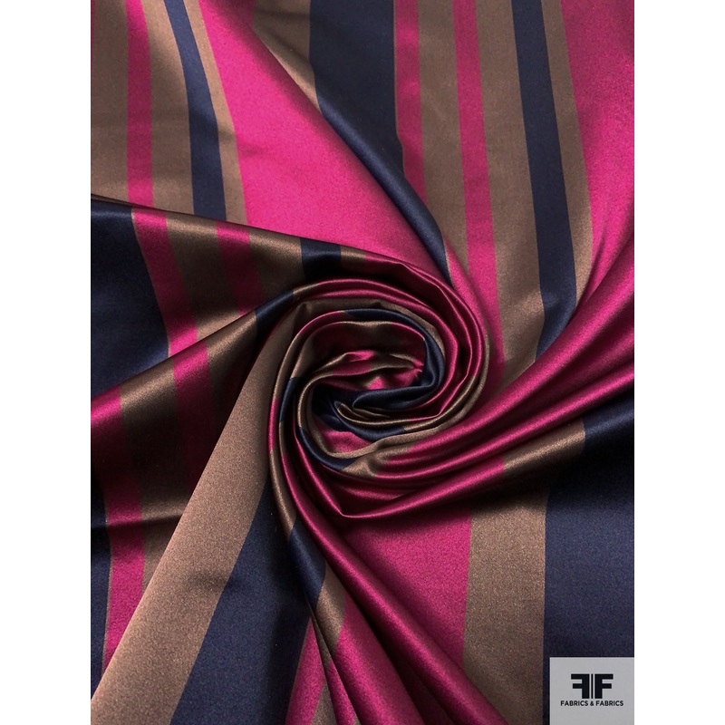 Vertical Striped Silk Satin – Dark Magenta / Navy / Medium Brown Fabric by the Yard