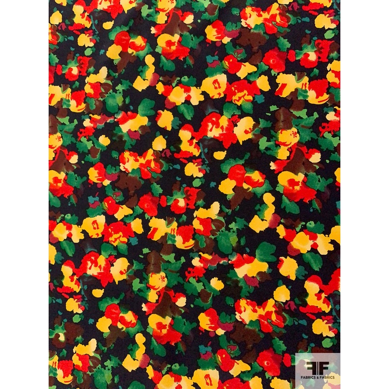 Watercolor Floral Printed Silk Crepe de Chine – Navy / Greens / Red / Yellow Fabric by the Yard