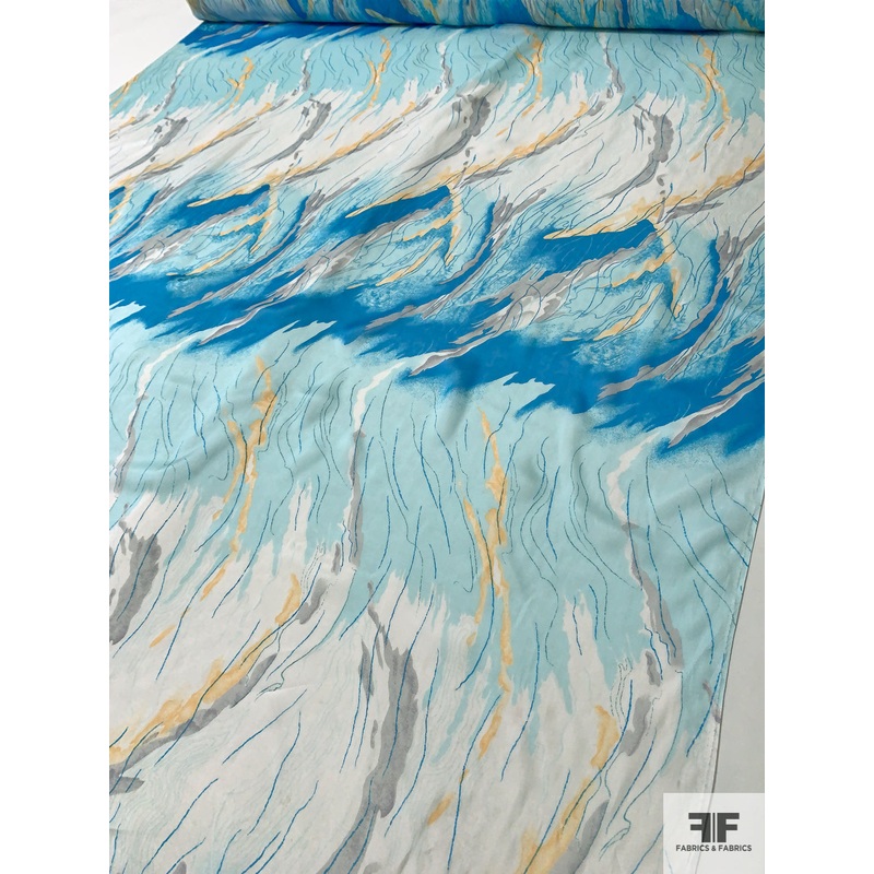 Abstract Flaming Striations Printed Fine Silk Chiffon – Summer Blue / Light Gold / Light Grey Fabric by the Yard