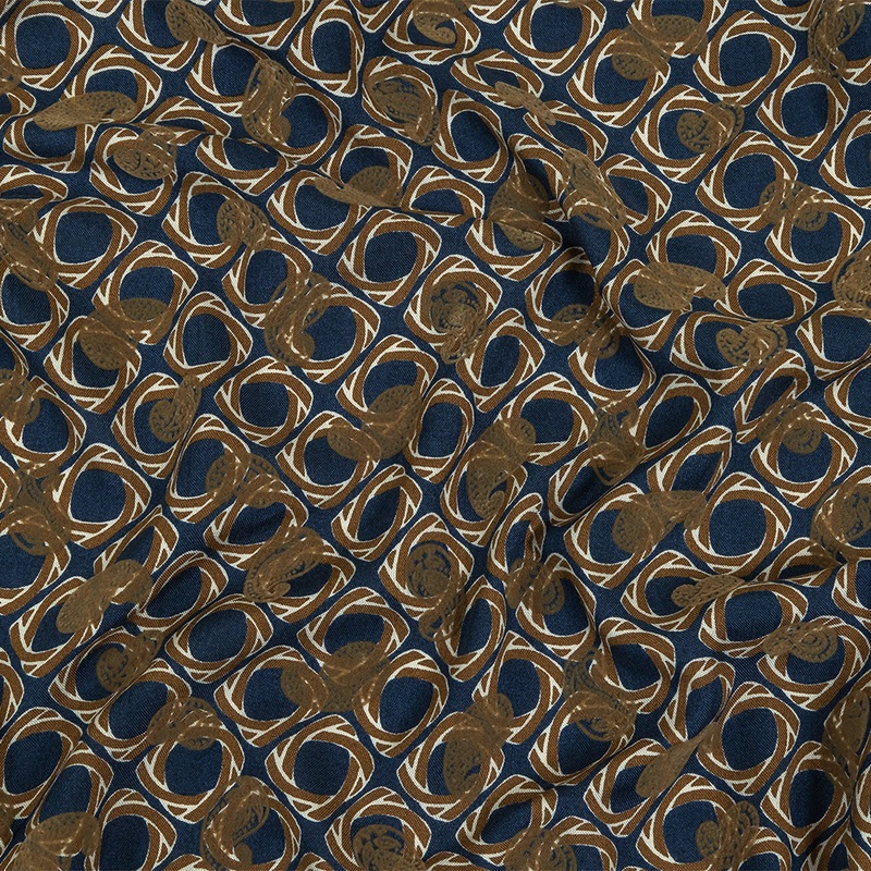 Beige and Navy Flocked Paisley on Twisted Squares Printed Viscose Woven