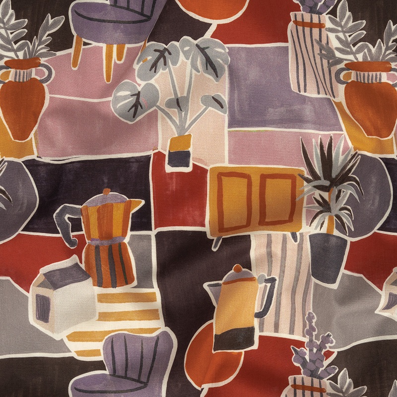 Cotton Voile – Purple and Orange Plants and Furniture – Peaceful Waking Print – Mood Exclusive Wisteria Collection