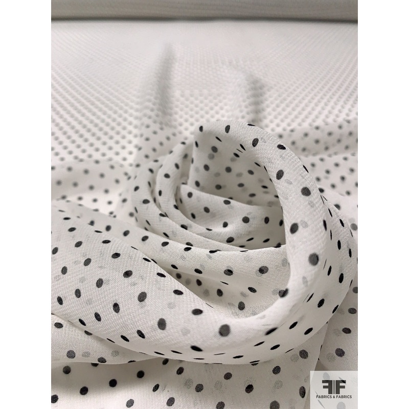 Ditsy Polka Dot Printed Silk Chiffon – Ivory / Black Fabric by the Yard