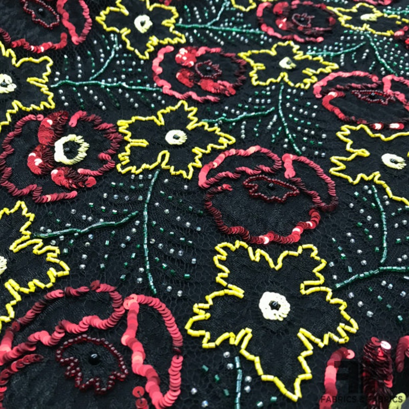 Floral Hand-Beaded Lace – Black/Yellow/Red/Green Fabric by the Yard