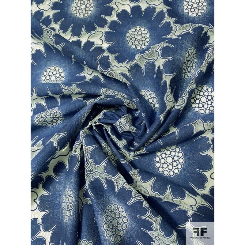 Floral Novelty Lace – Denim Blue / White Fabric by the Yard