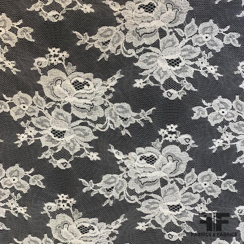 French Chantilly Lace on Honeycomb Netting – White Fabric by the Yard