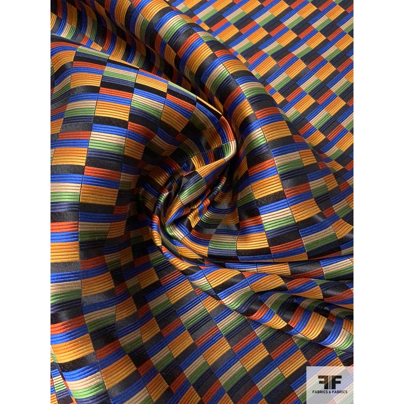 Gradient Squares Silk Necktie Jacquard Brocade – Oranges / Blue / Green / Black Fabric by the Yard