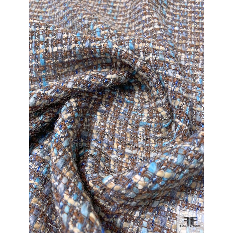 Italian Classic Open-Weave Lightweight Tweed Suiting – Shades of Blue / Brown / Tan Fabric by the Yard