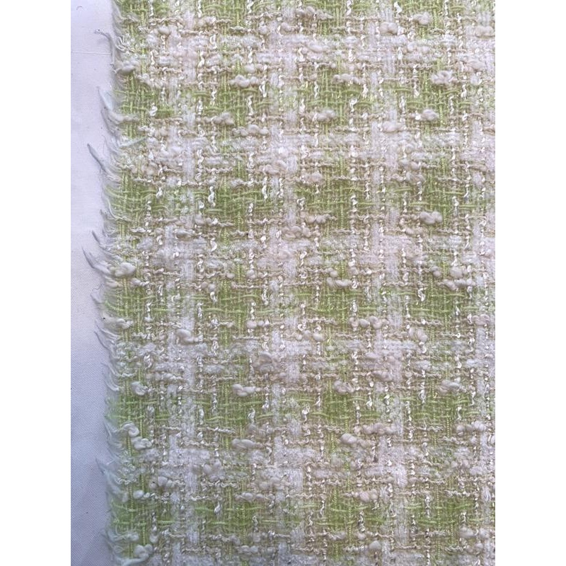 Italian Gingham Cotton Blend Boucle Tweed with Shimmer Threads – Celery Green / Off-White Fabric by the Yard
