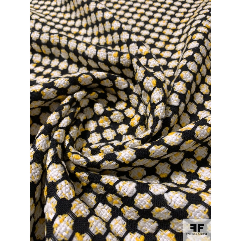 Italian Honeycomb Baskeweave Couture Tweed Suiting – Yellow / Black / White Fabric by the Yard