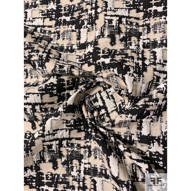 Italian Textured Graphic Reversible  Brocade – Black / Cream / Ivory Fabric by the Yard