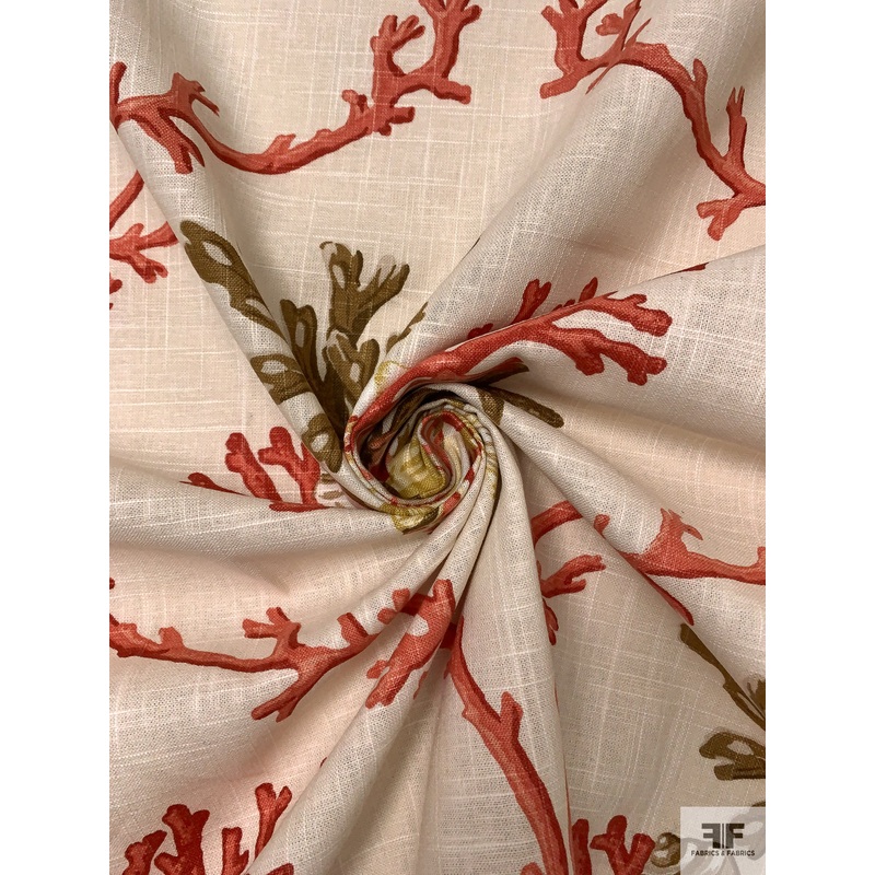 Nautical Coral Motif Linen-Weave Cotton – Burnt Coral / Olive Greens / Sand Fabric by the Yard