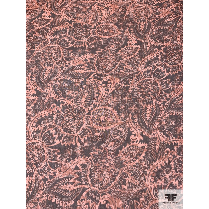 Paisley Leaf Printed Crinkled Silk Chiffon – Dusty Peach / Brown Fabric by the Yard