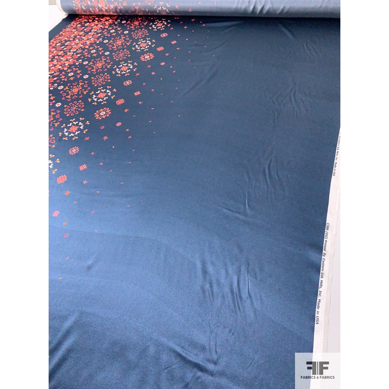 Stencil Floral Border Pattern Printed Silk Charmeuse – Muted Navy / Orange / Hot Coral Fabric by the Yard