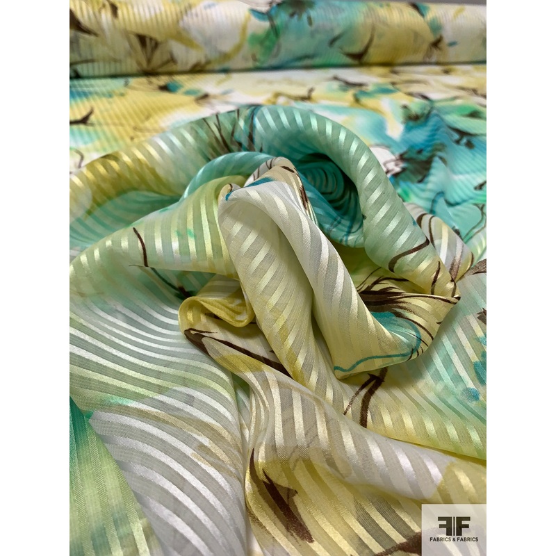 Watercolor Floral Printed Satin Striped Polyester Chiffon – Pastel Chartreuse / Ocean Greens / Ivory Fabric by the Yard