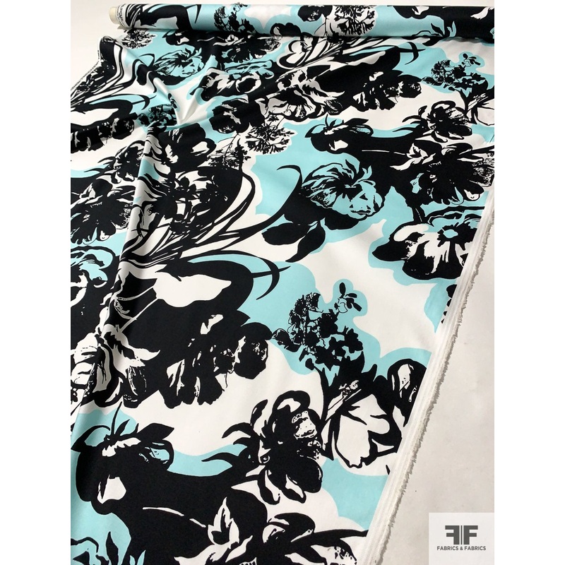 Aquarium Floral Printed Stretch Cotton Sateen – Black / White / Aqua Fabric by the Yard