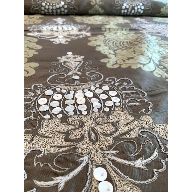 Damask with Threadwork and Embroidered Beads Novelty Brocade – Taupe / Ecru Fabric by the Yard